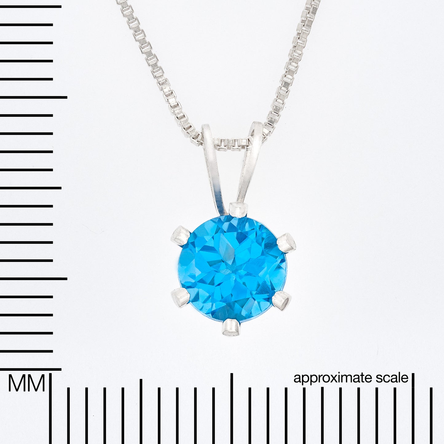 Vivid Swiss Blue Topaz Necklace. Round, 6mm, Natural Brazilian Gemstone in a 6-Prong, Sterling Silver Pendant. Great clarity and sparkle!