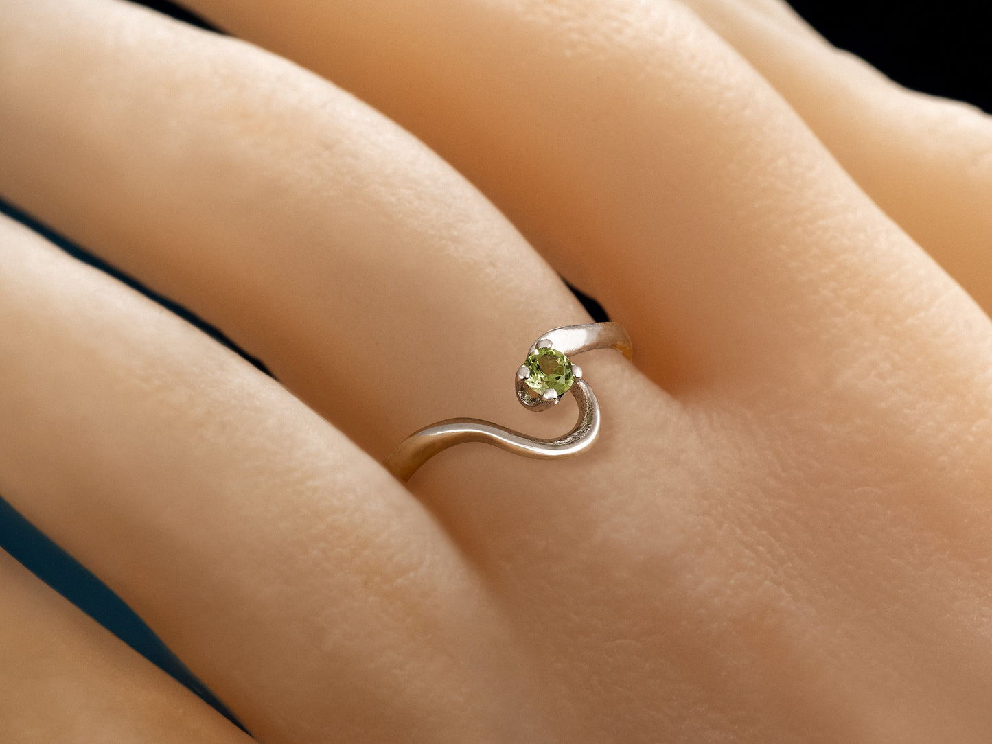 Peridot Silver Half Heart Ring.  3mm, Round Faceted, Natural Green Peridot Gemstone.