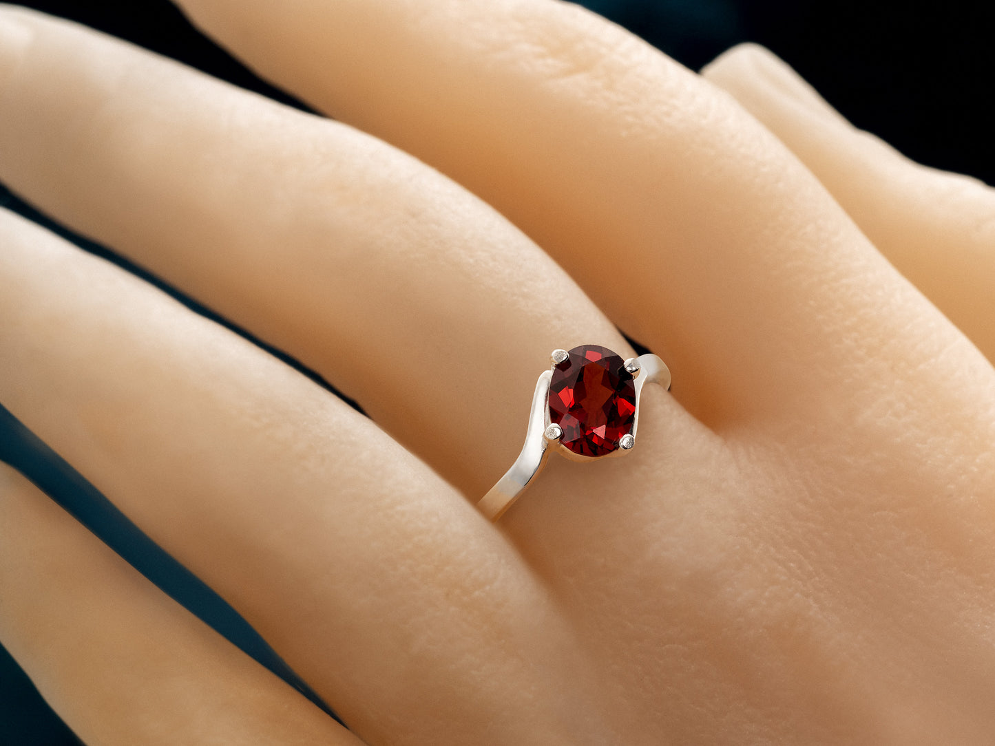 Gorgeous Almandine Garnet Ring. Sterling Silver, Oval Faceted, 8x6mm. Moderate to dark Red. Offset style, premium silver.