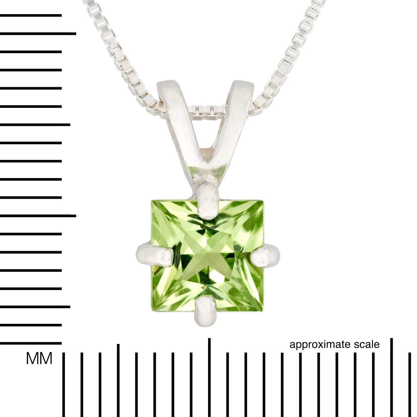 Vivid Green Natural Peridot! 6mm Square Princess Cut Pendant Necklace. Sterling silver pendant and chain.