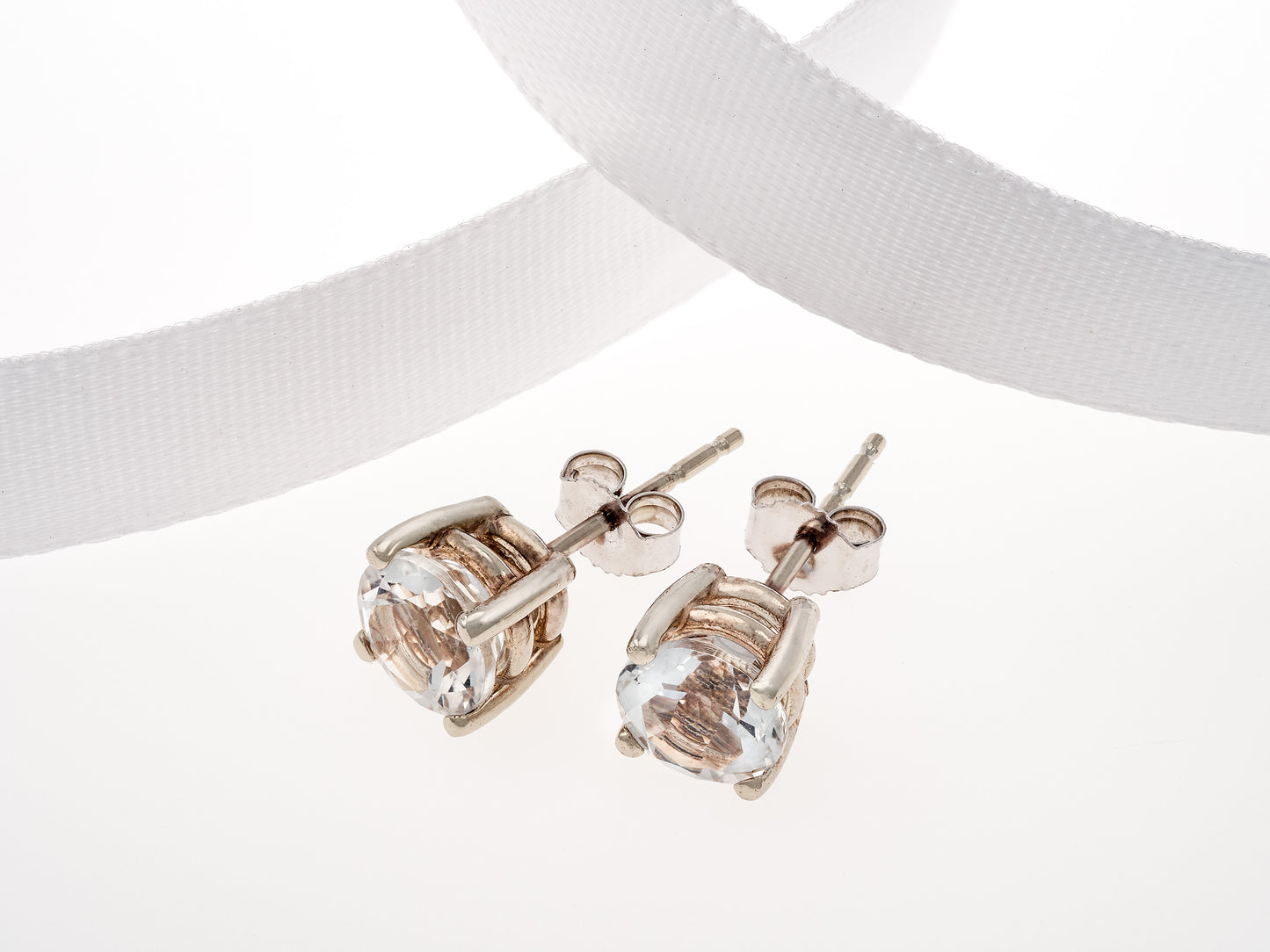 Natural, Genuine, White Topaz in 14K White Gold. Marvelous earrings! 6mm round, diamond cut.