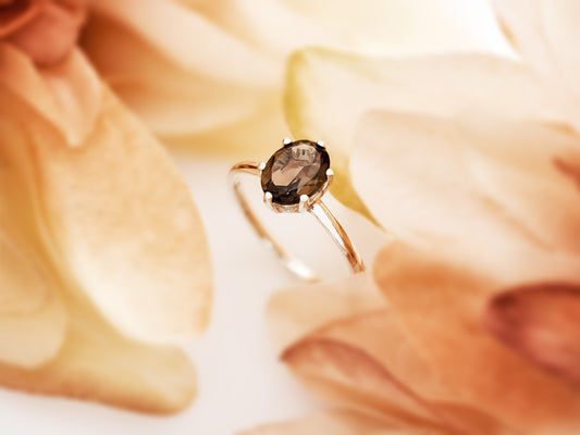 Smoky Quartz Solitaire Ring.  Alluring Golden Brown.  8x6mm, Oval, Faceted, Brazilian Gemstone.  Sterling Silver.