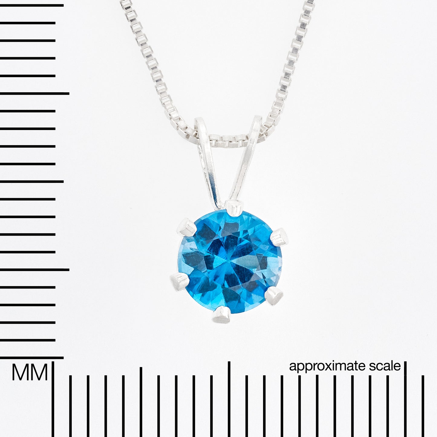 Intense London Blue Topaz Necklace. Round, 6mm, Natural Brazilian Gemstone in a 6-Prong, Sterling Silver Pendant.