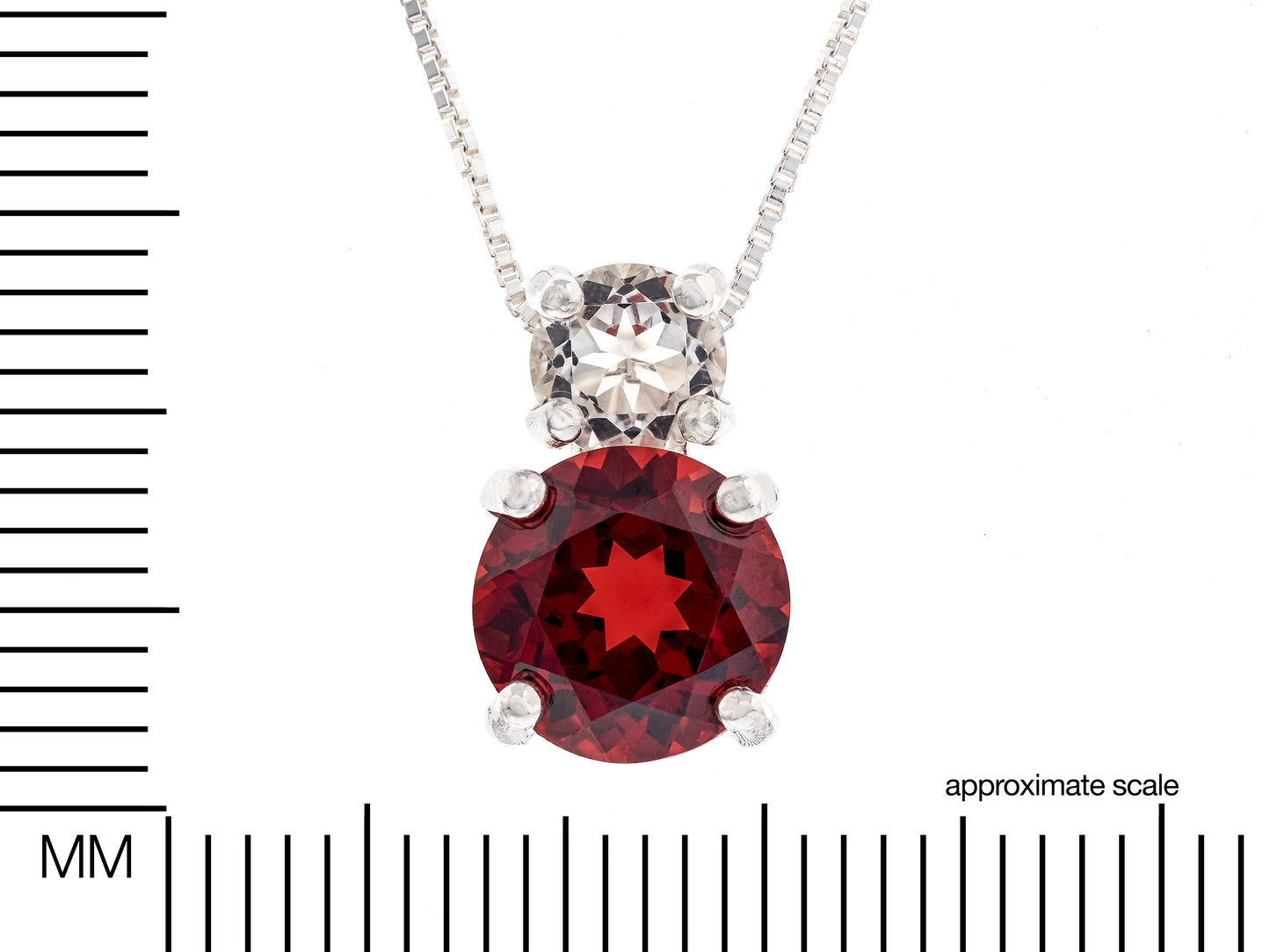 Natural red garnet and Brazilian white topaz pendant necklace. 8mm and 5mm round, faceted, gemstones.