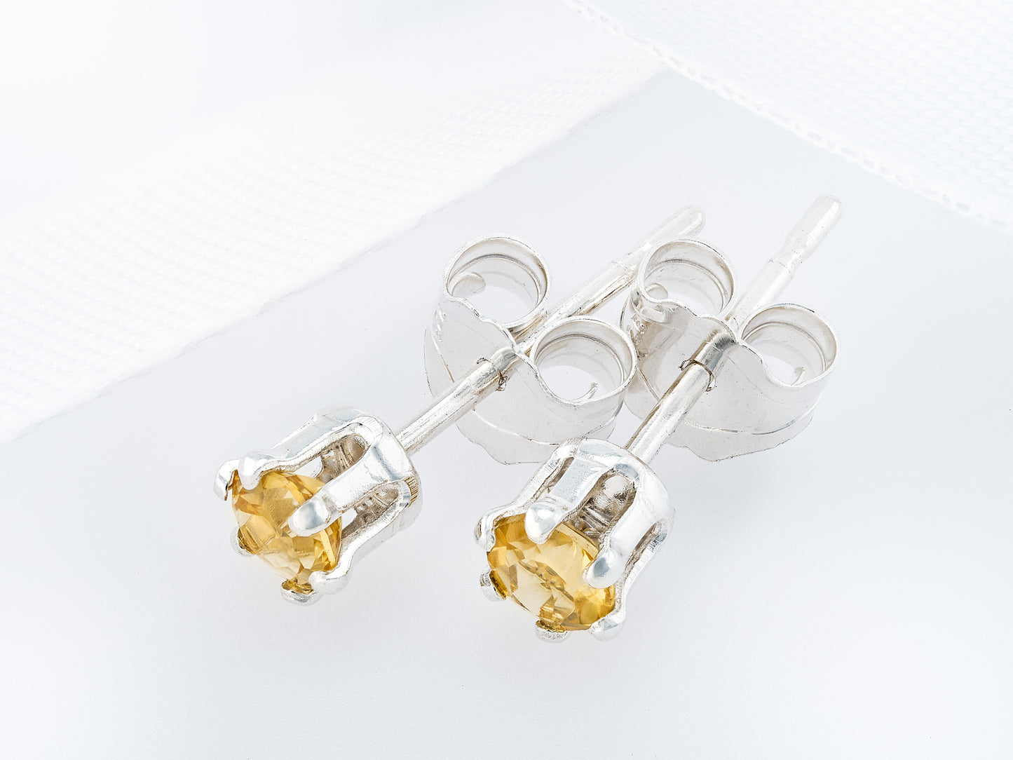 Yellow Citrine Earrings - 3mm Diamond Cut.  Bright Gemstones. Sterling Silver, 6-Prong Studs.