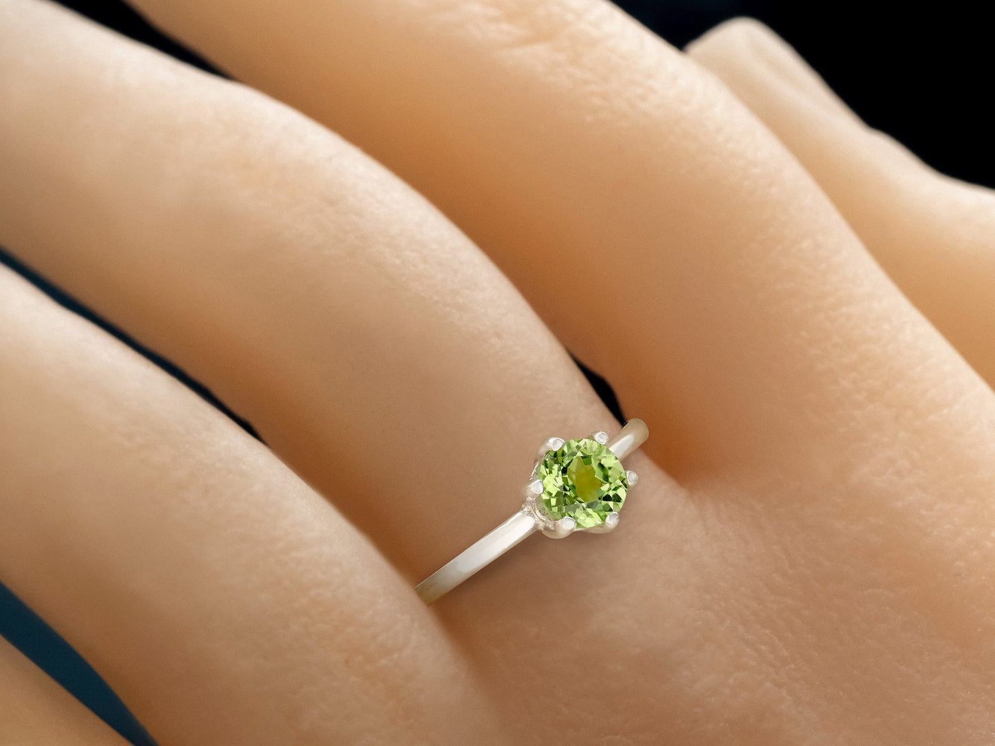 Elegant Peridot Solitaire Silver Ring.  6mm Round, Faceted, Natural Peridot. August Birthstone. Classic 6 prong ring style.