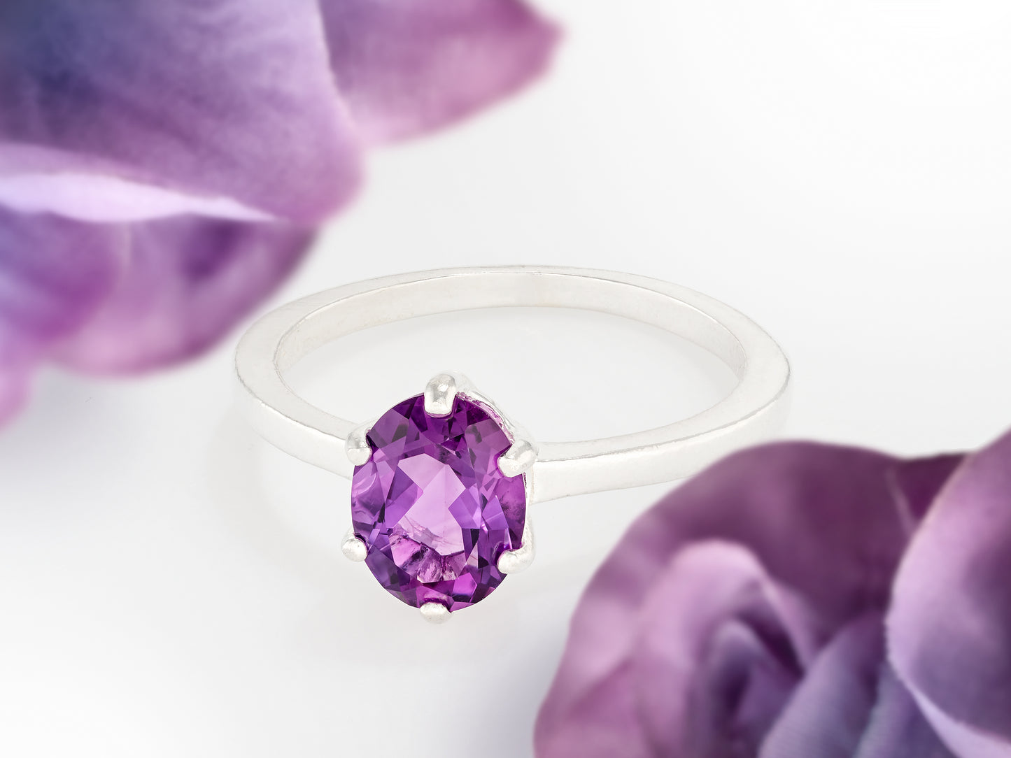 Elegant 8x6mm Oval, Natural African Amethyst Solitaire. February Birthstone Ring. Sparkling, Rich Purple! Classic Design.