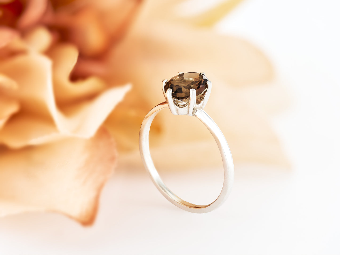 Smoky Quartz Solitaire Ring.  Alluring Golden Brown.  8x6mm, Oval, Faceted, Brazilian Gemstone.  Sterling Silver.