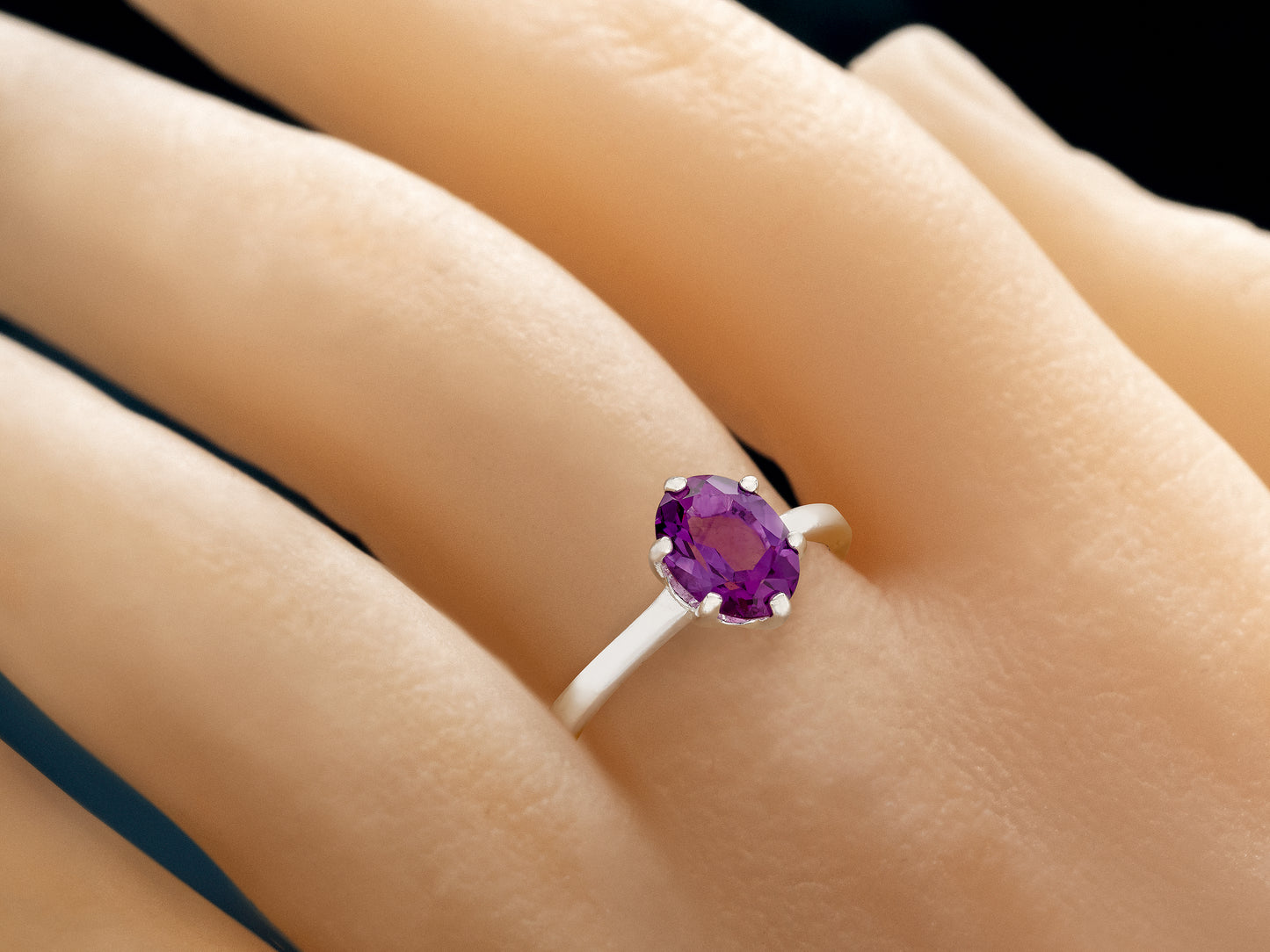 Elegant 8x6mm Oval, Natural African Amethyst Solitaire. February Birthstone Ring. Sparkling, Rich Purple! Classic Design.