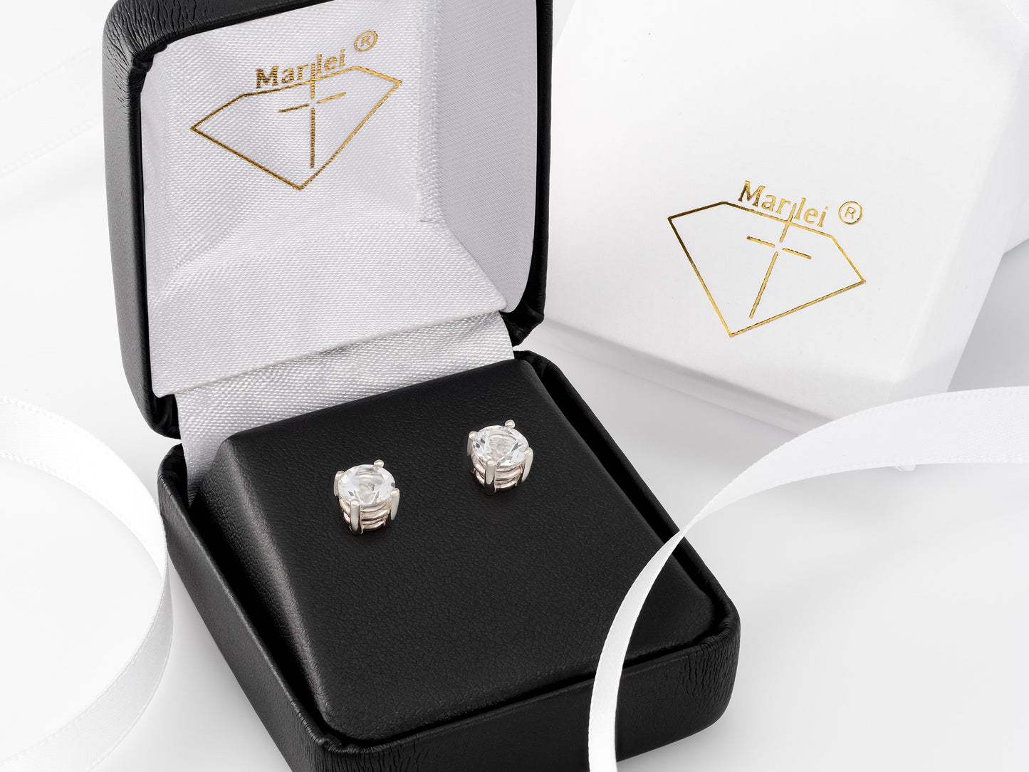 Natural, Genuine, White Topaz in 14K White Gold. Marvelous earrings! 6mm round, diamond cut.