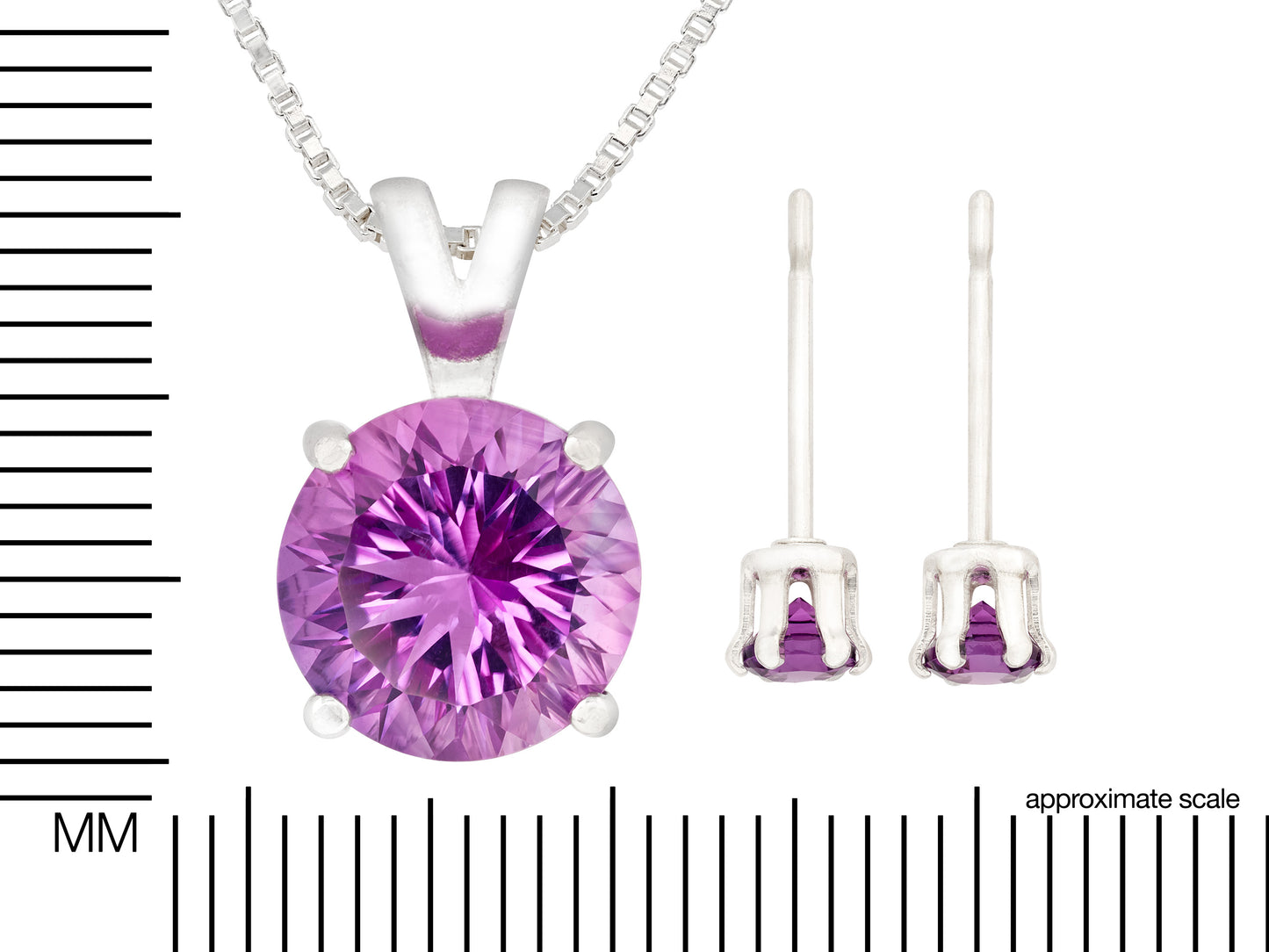 Brazilian amethyst necklace and earring set. Featuring a striking purple, 10mm round, concave cut amethyst pendant and matching 3mm earrings