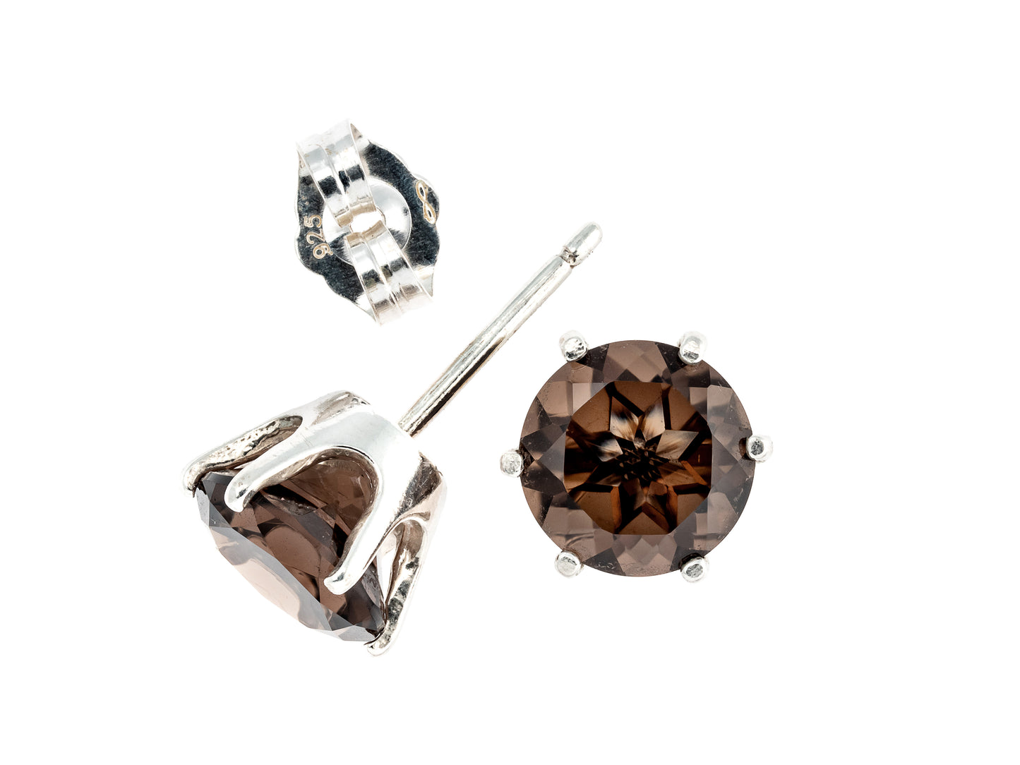 Smoky Quartz 7mm Round Stud Earrings!  Natural, round, faceted, Grade AAA Smoky Quartz set in silver.