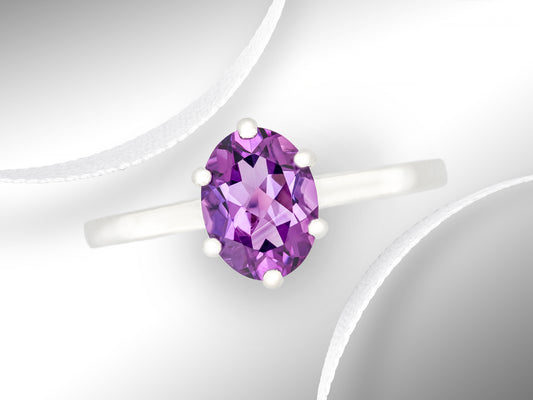 Elegant 8x6mm Oval, Natural African Amethyst Solitaire. February Birthstone Ring. Sparkling, Rich Purple! Classic Design.