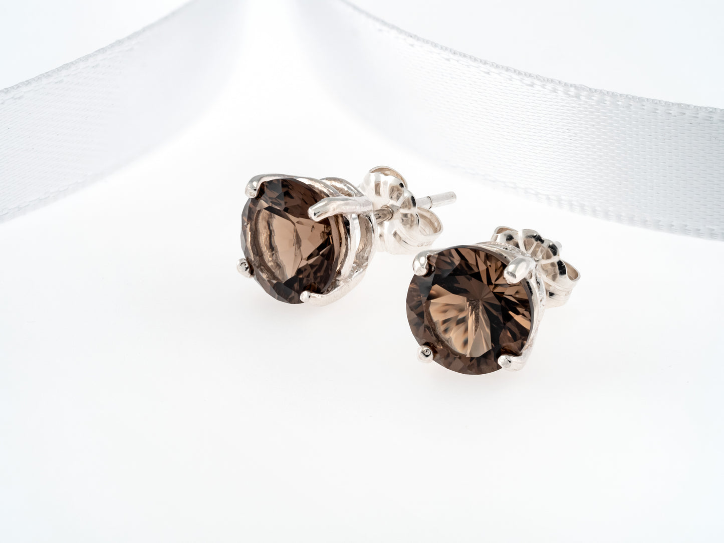 Brazilian, 8mm Round, Concave Cut Smoky Quartz Earrings!  Natural, faceted, Grade AAA gemstones set in silver.