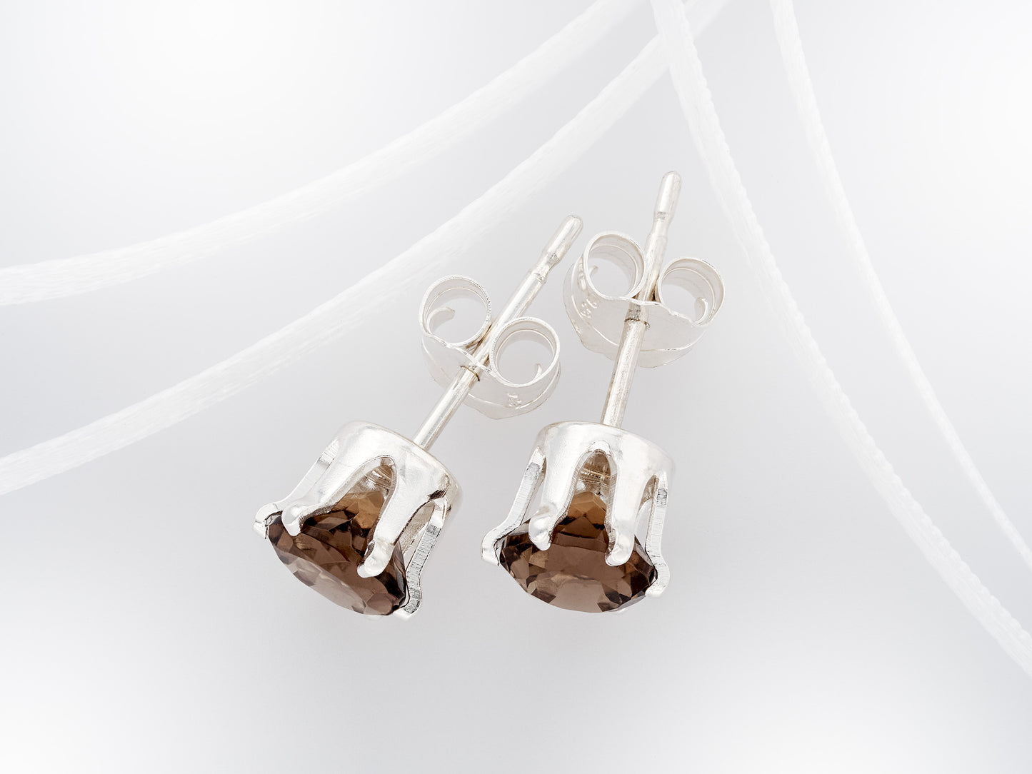 Natural Smoky Quartz 5mm Round Stud Earrings!  5mm, round, faceted, diamond cut gemstones set in silver.