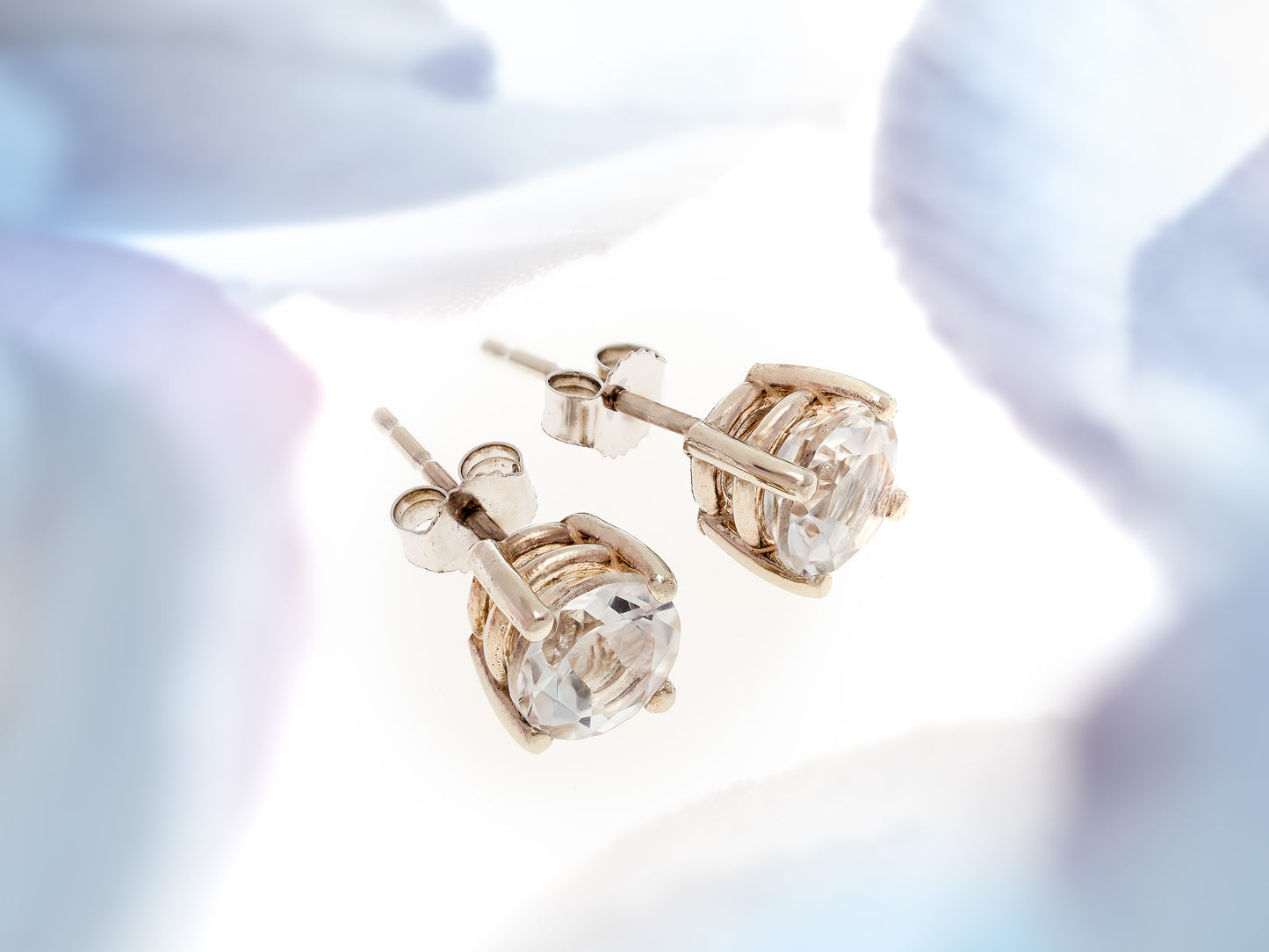 Natural, Genuine, White Topaz in 14K White Gold. Marvelous earrings! 6mm round, diamond cut.