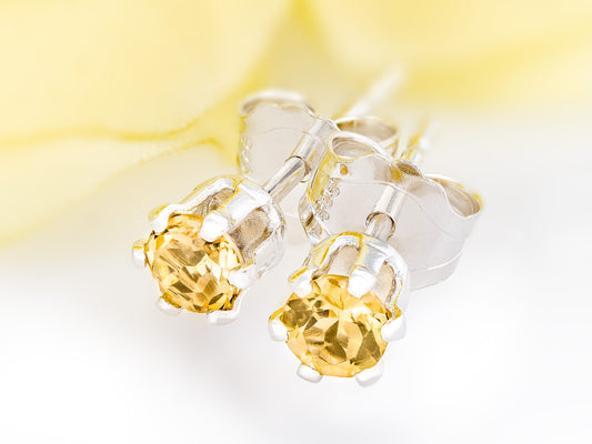 Yellow Citrine Earrings - 3mm Diamond Cut.  Bright Gemstones. Sterling Silver, 6-Prong Studs.