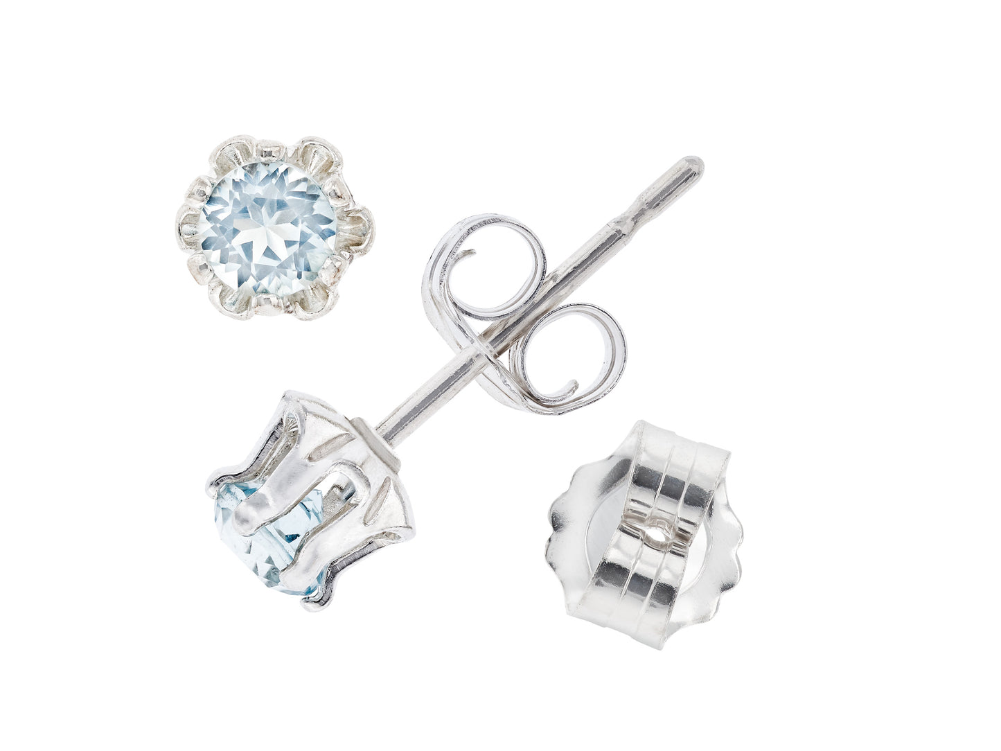 Light Blue Aquamarine!  Natural, 3mm Diamond Cut, Buttercup style Earrings! Sterling Silver, 6-Prong Studs.  Backs+Case, Gift Box Option