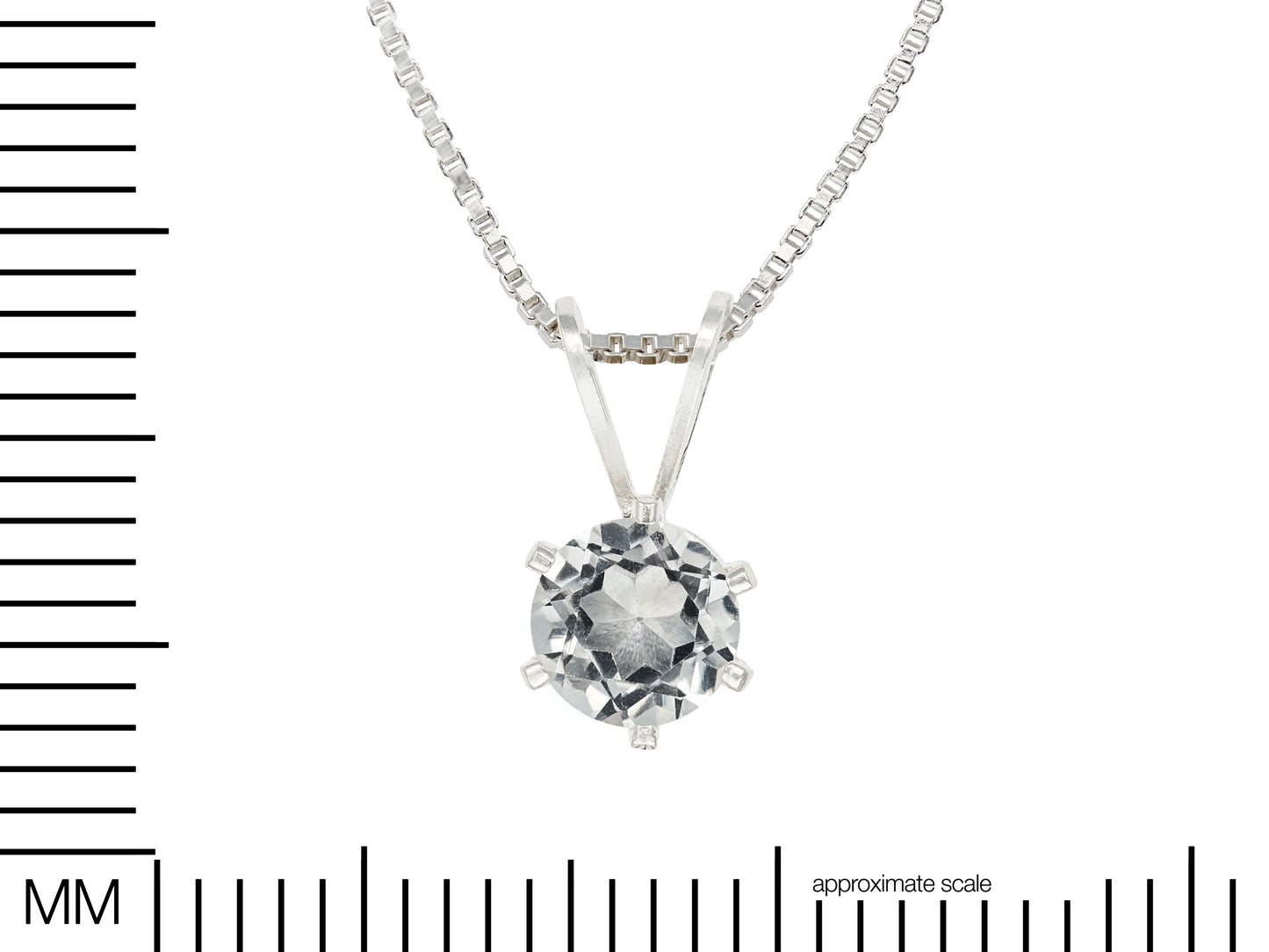 Classic White Topaz Necklace. Round, 5mm, Natural Brazilian Gemstone in a 6-Prong, Sterling Silver Pendant.